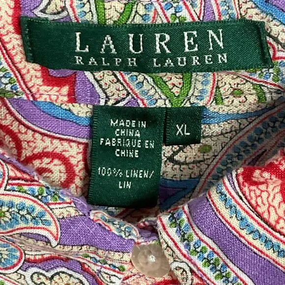 LAUREN RALPH LAUREN Shirt Top Linen Paisley Print Art ColorButton Up Down XL - Picture 5 of 12